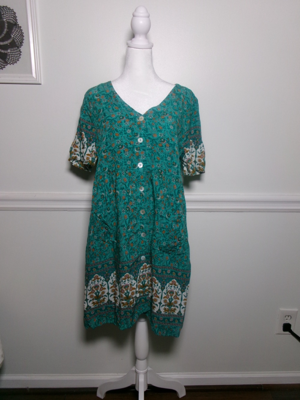 TEMOFON Teal Floral Boho Babydoll Midi Dress Size M